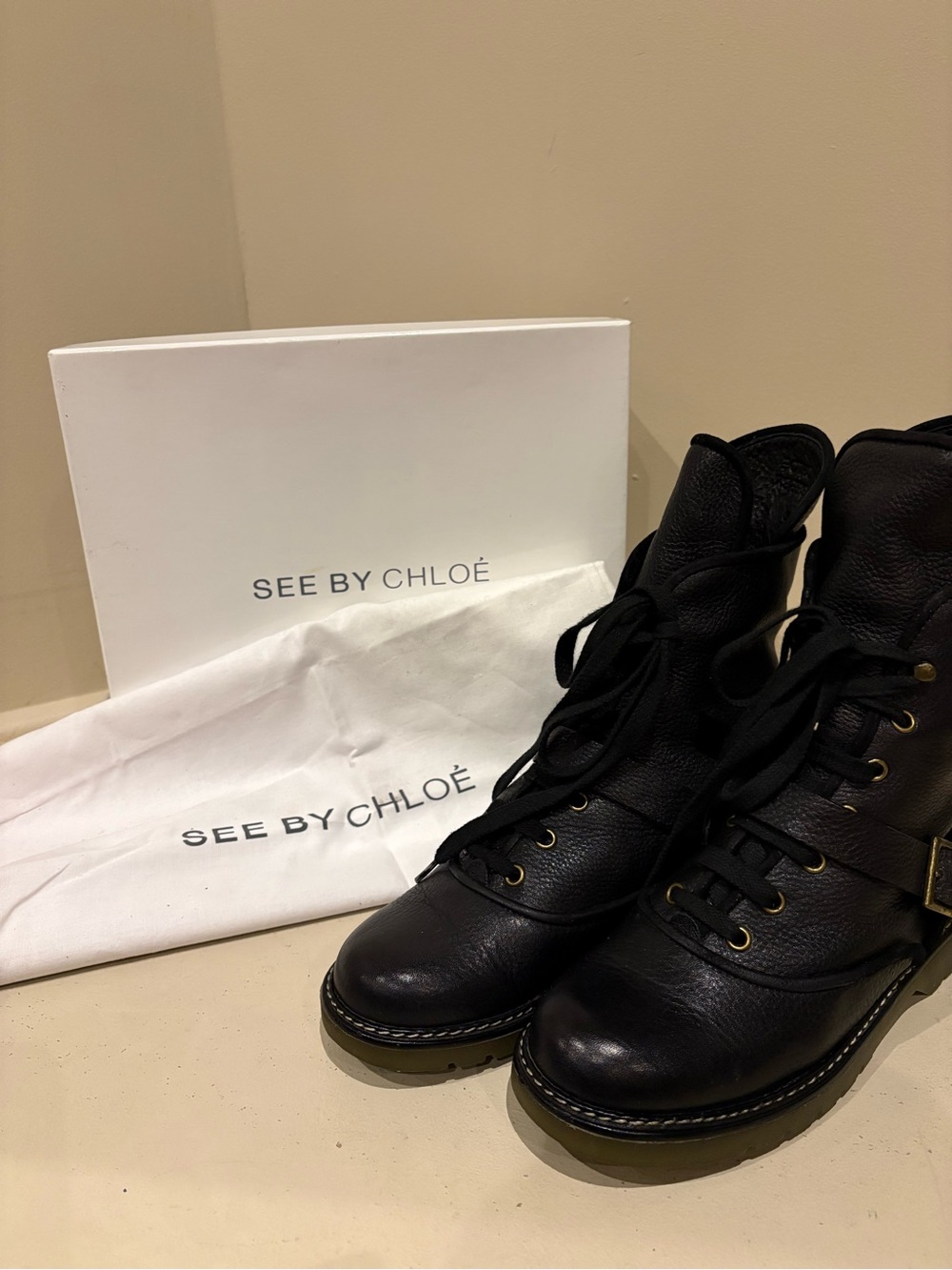 See By Chloé Black Leather Lace-Up Buckle Boots